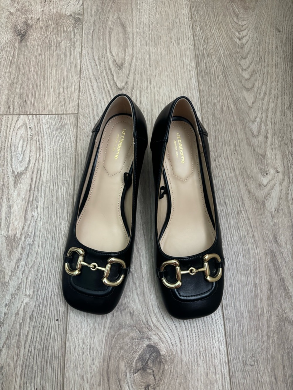 Liz Claiborne Black Leather Loafers with Gold Horsebit